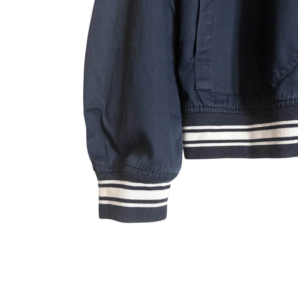 J.Crew Mens Navy Blue Cotton Varsity Bomber Jacket Striped Trim Size L Full Zip